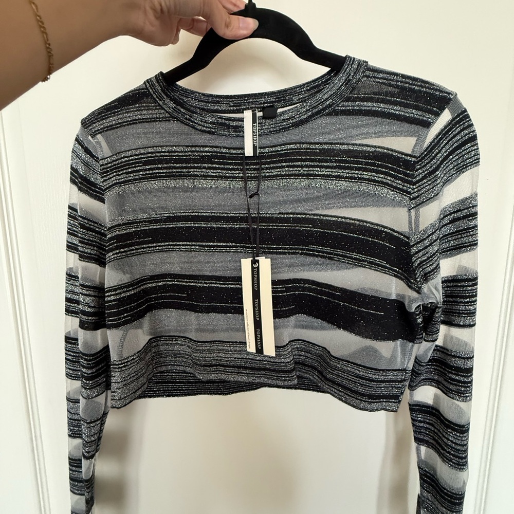 Topshop Black & Sheer Striped Shimmer Crop Top